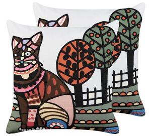 Set di 2 cuscini decorativi in cotone multicolore 50 x 50 cm motivo gatto ricamato a mano sfoderabile imbottito in stile boho Beliani
