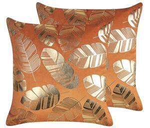 Set di 2 cuscini decorativi velluto arancione 45 x 45 cm Foglia d'oro Stampa laminata Accessori arredo glamour Beliani