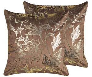 Set di 2 cuscini decorativi in velluto marrone 45 x 45 cm con stampa floreale in lamina d'oro Accessori decorativi glamour Beliani