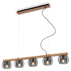 Lampada a sospensione, con legno, vetro fumé, 5xE14/max.1