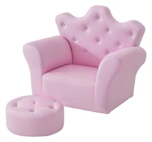 HOMCOM Set Poltrona per Bambini con Poggiapiedi e Bottoni Brillanti, Struttura in Legno con Imbottitura, Rivestimento PVC Rosa|Aosom