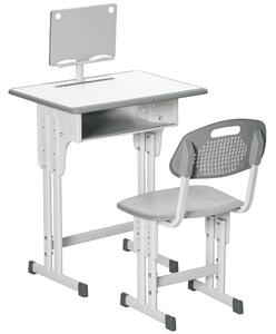 HOMCOM Banco Scuola con Sedia ad Altezza Regolabile per Bambini 6-12 Anni, Acciaio e MDF, Grigio|Aosom