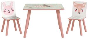 ZONEKIZ Set Tavolo e Sedie 3 Pezzi per Bambini 3-8 Anni in MDF e Legno di Pino con Disegni di Animali, Rosa|Aosom