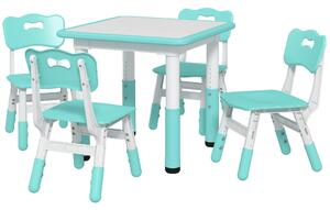AIYAPLAY Set Tavolo e Sedie per Bambini 5pz con 4 Sedie Regolabili 32x36x52.5-56 cm e Tavolo 60x60x46-58 cm, Verde