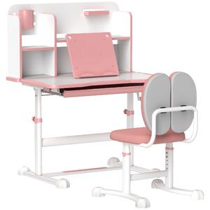 AIYAPLAY Set Tavolo e Sedie Regolabili per Bambini 3-12 anni con Piano Inclinabile e Cassetto, Libreria e portapenne, Rosa|Aosom Italy