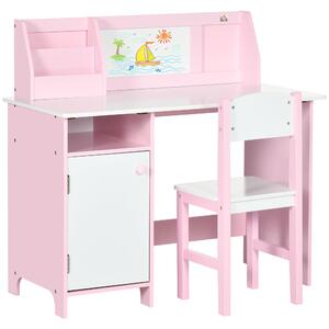 HOMCOM Set Tavolo e Sedie per Bambini 5+ Anni in Legno con Banco Scuola 90x45x85 cm e Sedia 29x29x66 Bianco e Rosa