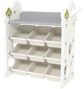 AIYAPLAY Scaffale Portagiochi a 4 Livelli con 9 Contenitori e Gancio Laterale, in HDPE, 77x42x94 cm, Bianco Crema