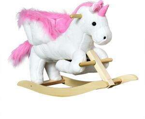 HOMCOM Cavallo a Dondolo a Forma di Unicorno con Musica, Struttura in Metallo e Legno, Rivestimento Peluche, 65x32x55cm, Bianco Rosa|Aosom