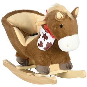 HOMCOM Cavallo a Dondolo per Bambini da 18-36 Mesi con Suoni Realistici, 60x33x50 cm, Marrone e color Legno|Aosom