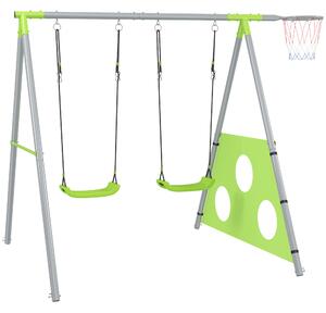 AIYAPLAY Gioco per Bambini 3 in 1 con Altalena da Giardino, Canestro e Porta da Calcio, 238x180x182 cm,, Verde e Grigio