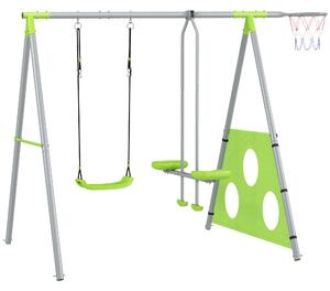 AIYAPLAY Gioco per Bambini 4 in 1 con 2 Altalene da Giardino, Canestro e Porta da Calcio, 215x180x182 cm, Verde e Grigio