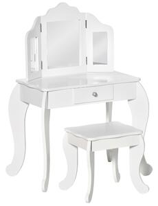 HOMCOM Tavolo da Trucco per Bambini con Sgabello e Triplo Specchio, in Legno e Acrilico, 63x40x85.5 cm, Bianco | Aosom Italy