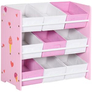 ZONEKIZ Mobiletto Portagiochi con 9 Cestini Rimovibili in Legno e Tessuto, 63x30x60 cm, Rosa e Bianco | Aosom Italy