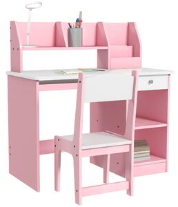 ZONEKIZ Tavolo Scrivania per Bambini 5-8 Anni con Sedia, Scaffale, Mensola Estraibile e Cassetto, Rosa | Aosom Italy