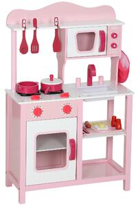 AIYAPLAY Cucina Giocattolo per Bambini 3+ Anni con Microonde, Piano Cottura e Lavandino, in Legno, 55x24x86 cm, Rosa | Aosom Italy