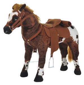 HOMCOM Cavallo a Dondolo per Bambini 2+ Anni con Nitrito, Sella e Staffe, in Peluche e Metallo, 85x28x60 cm, Marrone | Aosom Italy