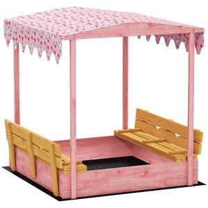 AIYAPLAY Sabbiera per Bambini 3-6 Anni con Tettuccio Fenicotteri, Sedute Pieghevoli, Coperchio e Fodera Inclusa, Sabbionaia per Bambini in Legno di Abete, 134.5x127.5x130 cm, Rosa | Aosom Italy