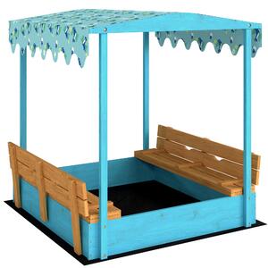 AIYAPLAY Sabbiera per Bambini 3-6 Anni con Tettuccio Dinosauri, Sedute Pieghevoli, Coperchio e Fodera Inclusa, Sabbionaia per Bambini in Legno di Abete, 134.5x127.5x130 cm, Blu | Aosom Italy