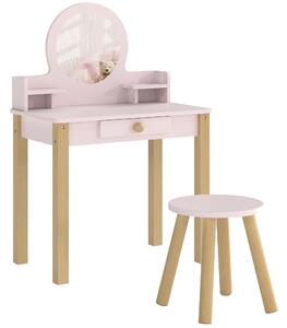 AIYAPLAY Set Toeletta Trucco Bambina con Sgabello, Specchio, Cassetto, in Legno di Pino e MDF, Età 3-6 Anni, Rosa | Aosom Italy