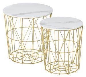 HOMCOM Set 2 Tavolini da Caffè in Acciaio e MDF Moderni con Piano d'Appoggio Rimuovibile, Tavolini Contenitori, Φ44x45.5cm/Φ35x41cm Bianco Oro | Aosom