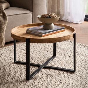 FineBuy Tavolino da caffè in legno massiccio di acacia rotondo 60cm - Tavolo da soggiorno con bordo rialzato - Struttura a croce in metallo nero Fatto a mano Industriale