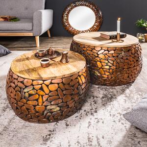 Riess-ambiente Set di 2 tavolini rotondi STONE MOSAIC 65 cm rame legno di mango metallo mosaico design tavolino tavolino