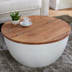 Riess-ambiente Tavolino rotondo ORIENT STORAGE 60 cm in legno di acacia bianco con vano portaoggetti, finitura martellata