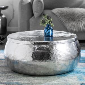 Riess-ambiente Tavolino rotondo ORIENT STORAGE 70 cm in metallo argentato con vano portaoggetti, design martellato, tavolino da salotto
