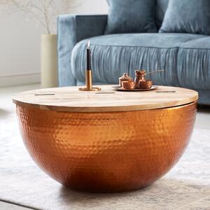 Riess-ambiente Tavolino rotondo ORIENT STORAGE 60 cm, finitura rame martellato, legno di acacia, con vano portaoggetti, tavolino da salotto