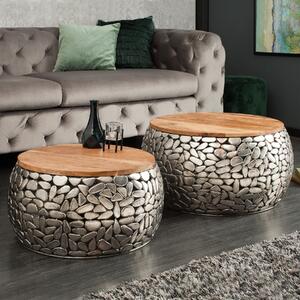 Riess-ambiente Set di 2 tavolini rotondi STONE MOSAIC 65 cm argento legno di mango metallo mosaico design tavolino tavolino