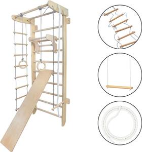 Parco giochi interno con pareti in legno "Numi Plus" + anelli ginnici + scivolo | struttura di arrampicata per bambini
