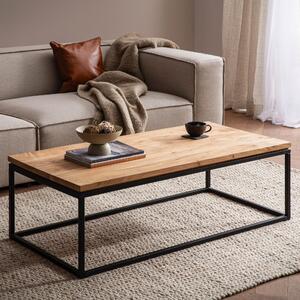 FineBuy Tavolino da caffè in legno massiccio di acacia 120 cm - Tavolo rettangolare da soggiorno con struttura in metallo nero - Tavolo industriale in legno massiccio fatto a mano