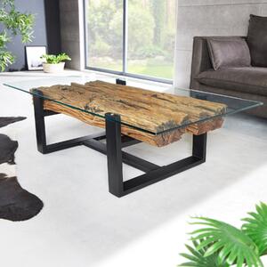 Tavolino di design riess-ambiente BARRACUDA 130 cm in teak riciclato, piano in vetro nero, acciaio inossidabile, stile industriale