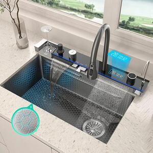 Lavello da cucina in acciaio inossidabile - Vasca singola extra large - Rubinetto a cascata con display digitale - Set lavello e rubinetto - Nero