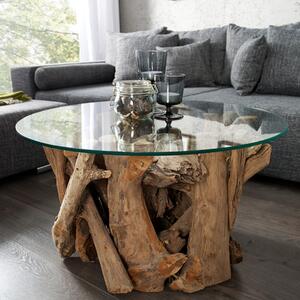 Tavolino design NATURE LOUNGE in legno di teak con piano rotondo in vetro Tavolino da salotto Tavolino da divano