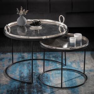 Riess-ambiente Set da 2 tavolini da salotto rotondi ELEMENTS 65 cm in metallo argento e nero con vassoio