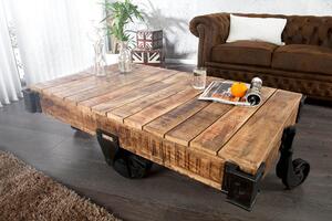 Riess-ambiente Tavolino da salotto di design massiccio RAILWAY 110 cm in legno di mango con 4 ruote Tavolino Tavolo