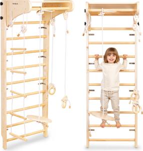 Grande parete da arrampicata Montessori in legno con accessori - altalena a piastre, anelli ginnici e corda da arrampicata | Mamabrum