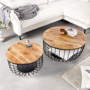Riess-ambiente Set da 2 tavolini da salotto STORAGE 70 cm in legno di mango naturale con vano portaoggetti, base rotonda in metallo nero