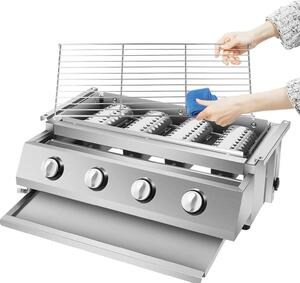 Barbecue a gas - Barbecue in acciaio inossidabile - 4 bruciatori, 55,8 x 23,2 cm - Coperchio in acciaio pesante - Ampia griglia per terrazza e cucina all'aperto - Argento