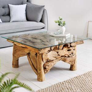 Riess-ambiente Tavolino da salotto in stile marittimo RIVERSIDE 80 cm in teak massiccio naturale con piano in vetro Tavolino da salotto