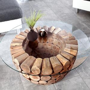 Riess-ambiente Tavolino artigianale PURE NATURE 70cm in legno massello di teak rotondo con piano in vetro tavolino laterale