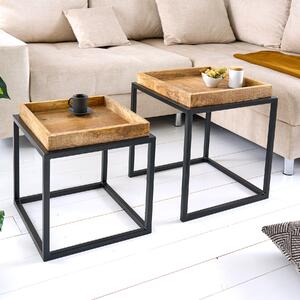 Riess-ambiente Set da 2 tavolini SERVITEUR 50 cm in legno di mango naturale con struttura in metallo nero Tavolini da salotto in legno massello Tavolino da salotto