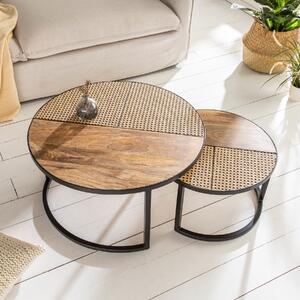 Riess-ambiente Set da 2 tavolini da salotto VIENNA LOUNGE 70 cm rotondi in legno massello di mango, intreccio viennese, metallo nero, tavolino da salotto