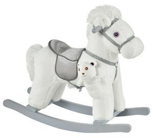 HOMCOM Cavallo a Dondolo in Peluche e Legno con Suoni e Orsetto Incluso, per Bimbi da 18-36 Mesi, 65x26x55cm, Bianco|Aosom