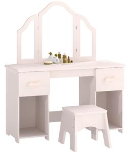 AIYAPLAY Toeletta Bambini con Sgabello, Specchio a Tre Ante, 2 Cassetti e 2 Armadietti, in Legno, 3+ Anni, Rosa | Aosom Italy
