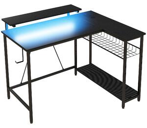 HOMCOM Scrivania Angolare Reversibile con LED, Prese di Corrente e Prese USB, Ripiani e Supporto Monitor, Nero