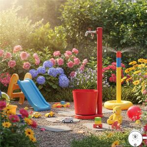 Fontana da Giardino con Rubinetto e vasca Rotonda Dimensioni 30x30x h 88,5 cm - peso 6,5kg con tubo rubinetto, Colore Rosso