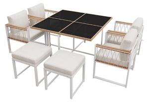 Set da pranzo da esterno a 7 pezzi con tavolo in vetro temperato, intreccio in rattan, cuscini per seduta, per 6 persone, Nero+Bianco