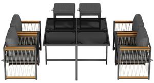 Set da pranzo da esterno a 7 pezzi con piano in vetro temperato, braccioli, cuscini, per 6 persone, Nero